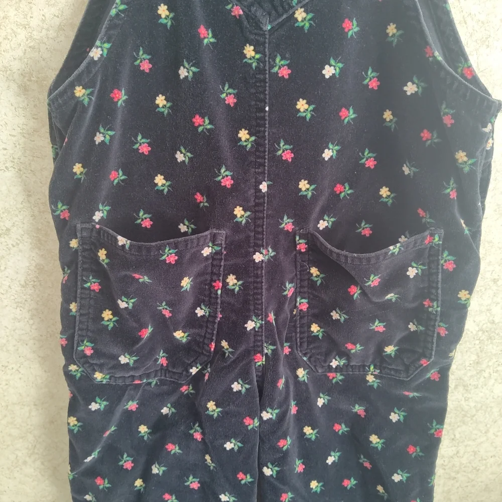 Vintage Gymboree 1998 Black Floral Velveteen Pocket Bib Overalls Size 4-5